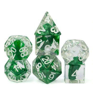 Green and clear polyhedral dice set for Dungeons & Dragons and other RPGs, Green Lava Lamp variant.