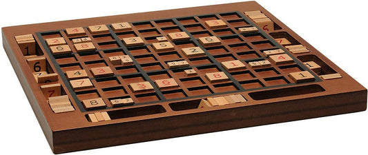 Wooden Sudoku Board, 11.5 inches, walnut stain, with numbered tiles and edge storage slots.