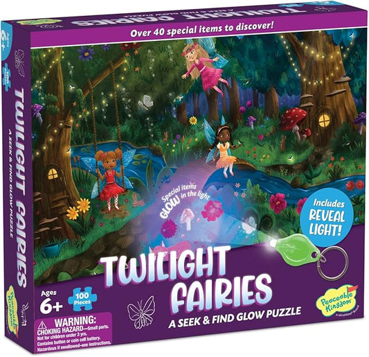 Twilight Fairies Seek and Find Glow Puzzle with magical forest scene and over 40 hidden items.