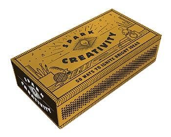 Spark Creativity yellow box with 50 prompts and art supply images.