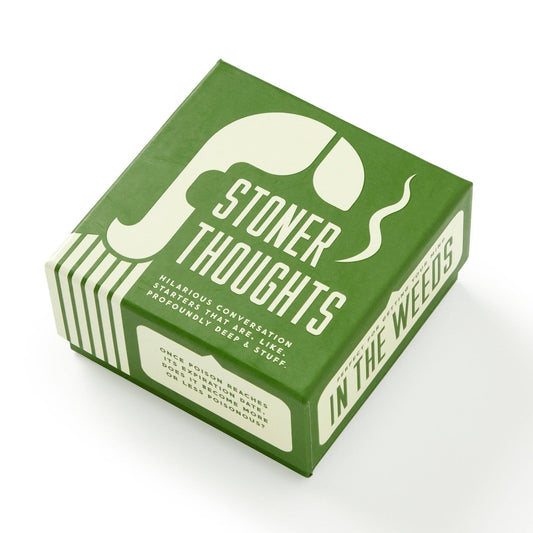 Brass Monkey Stoner Thoughts Conversation Starters game in a green box with white text, mustache, and smoke graphic.