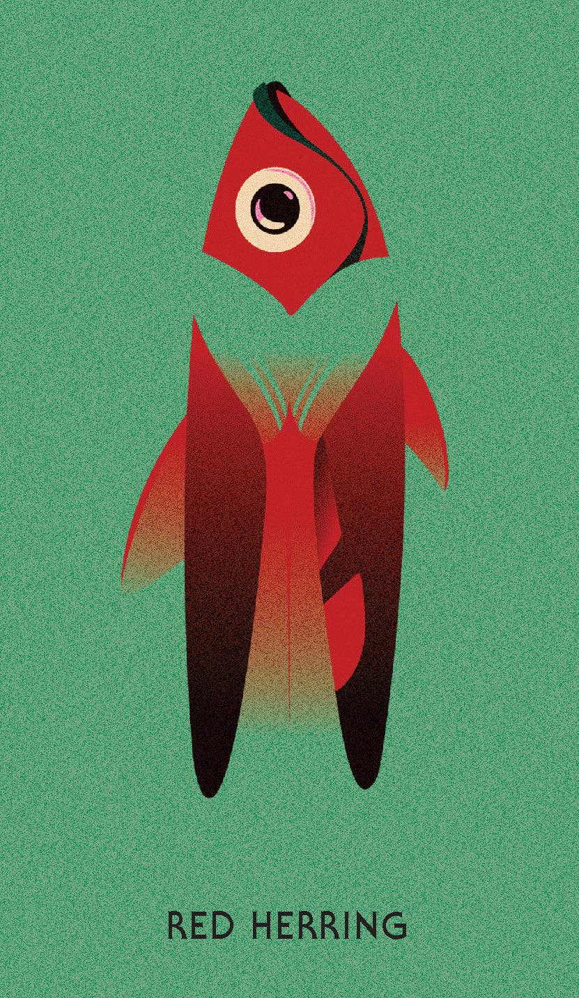 Red Herring card from the Murdle Oracle Deck, featuring a stylized red fish on a green background.