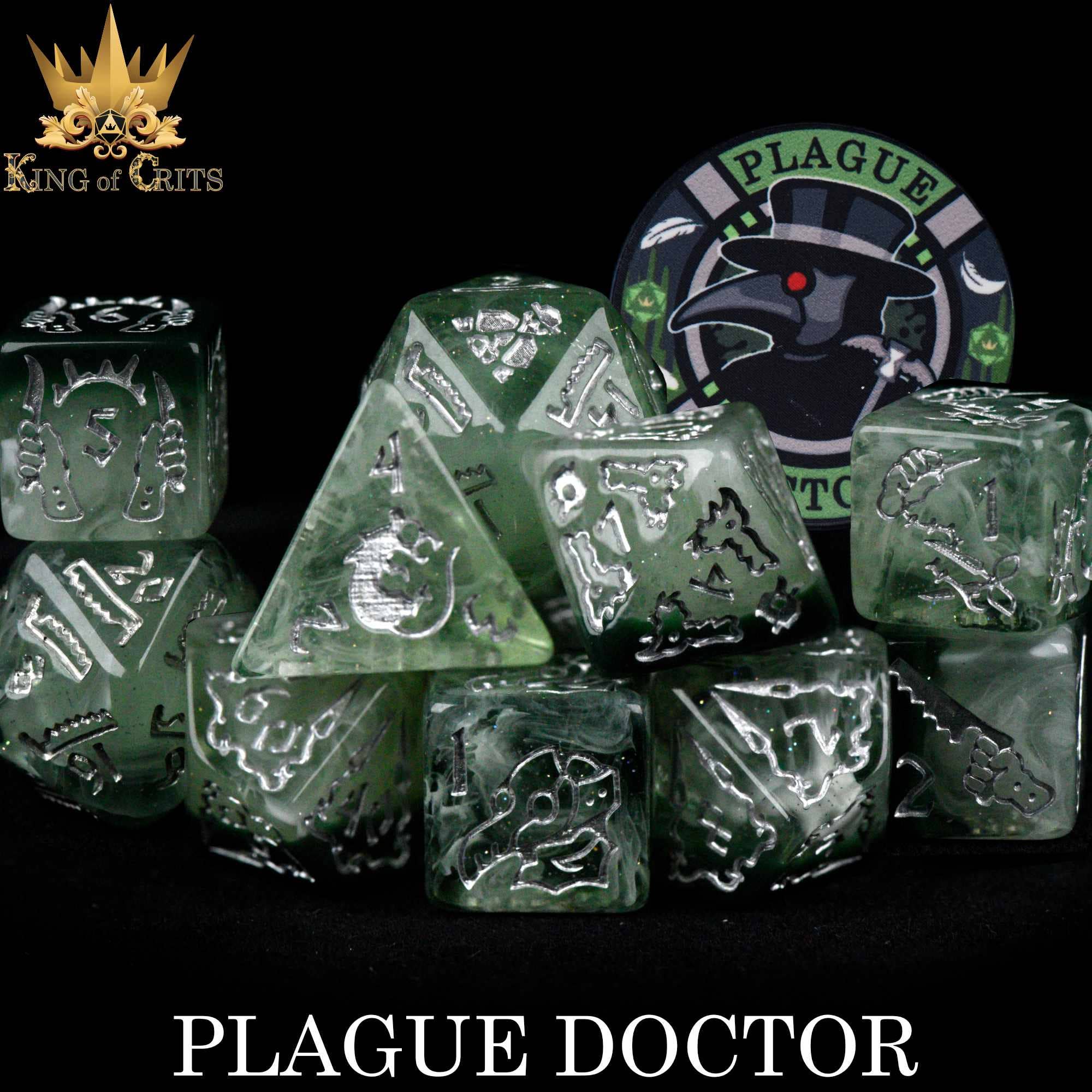 Green Plague Doctor 11 dice set with silver symbols and a plague doctor token labeled PLAGUE DOCTOR.