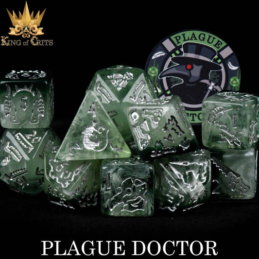 Green Plague Doctor 11 dice set with silver symbols and a plague doctor token labeled PLAGUE DOCTOR.