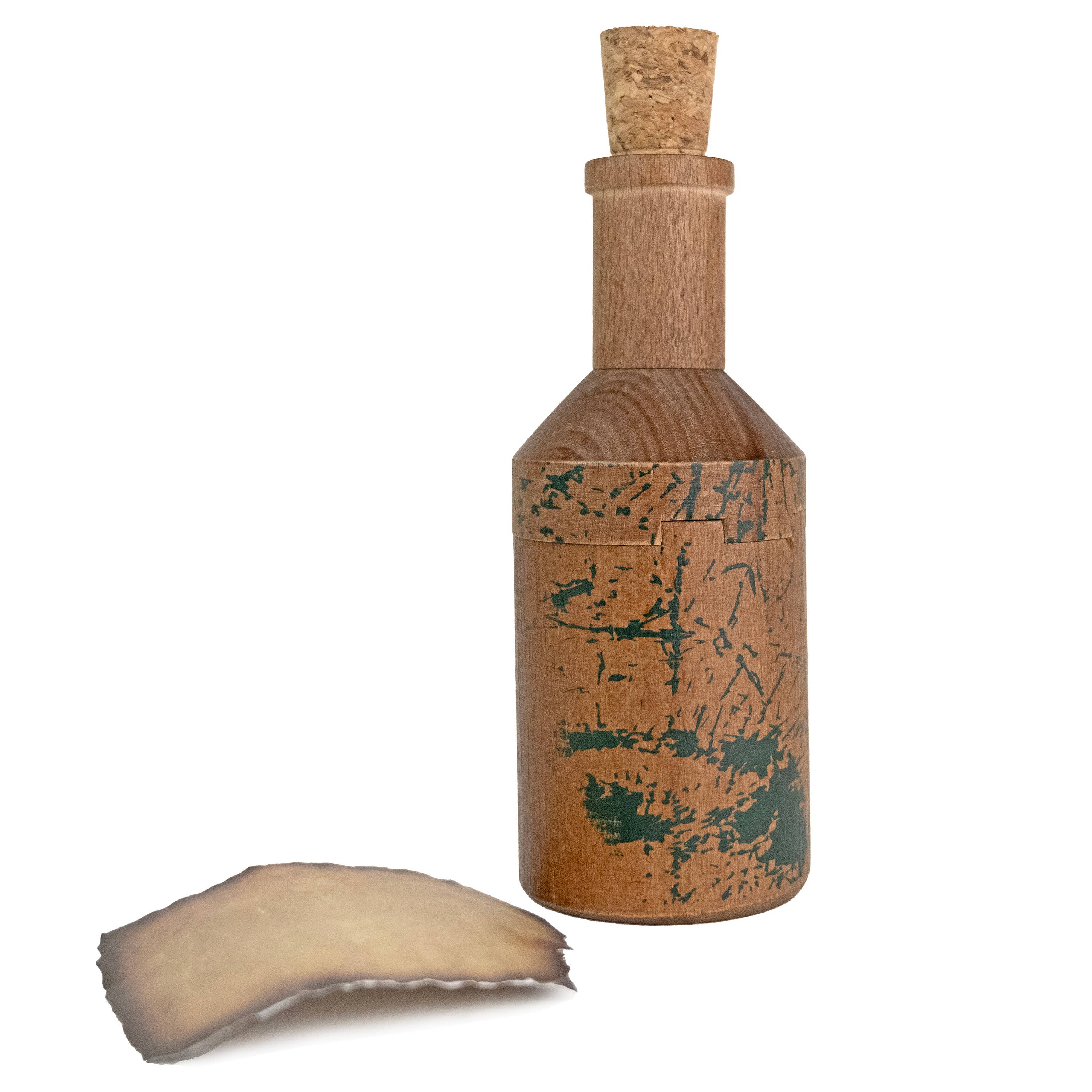 Message in a Bottle - Secret Puzzle Box: rustic wooden bottle with cork designed for puzzles or secret messages.