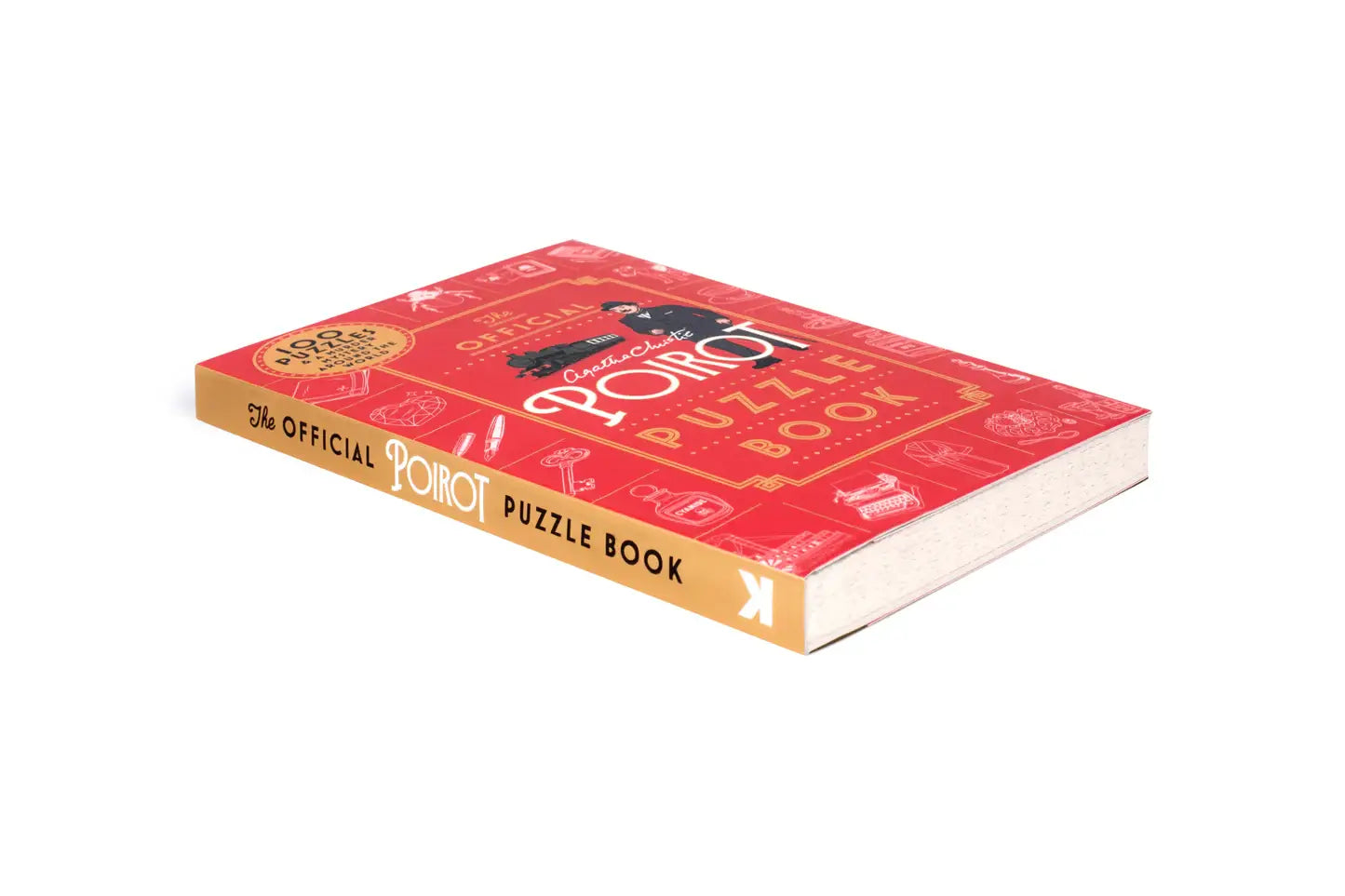 The Official Poirot Puzzle Book with a red and gold cover.