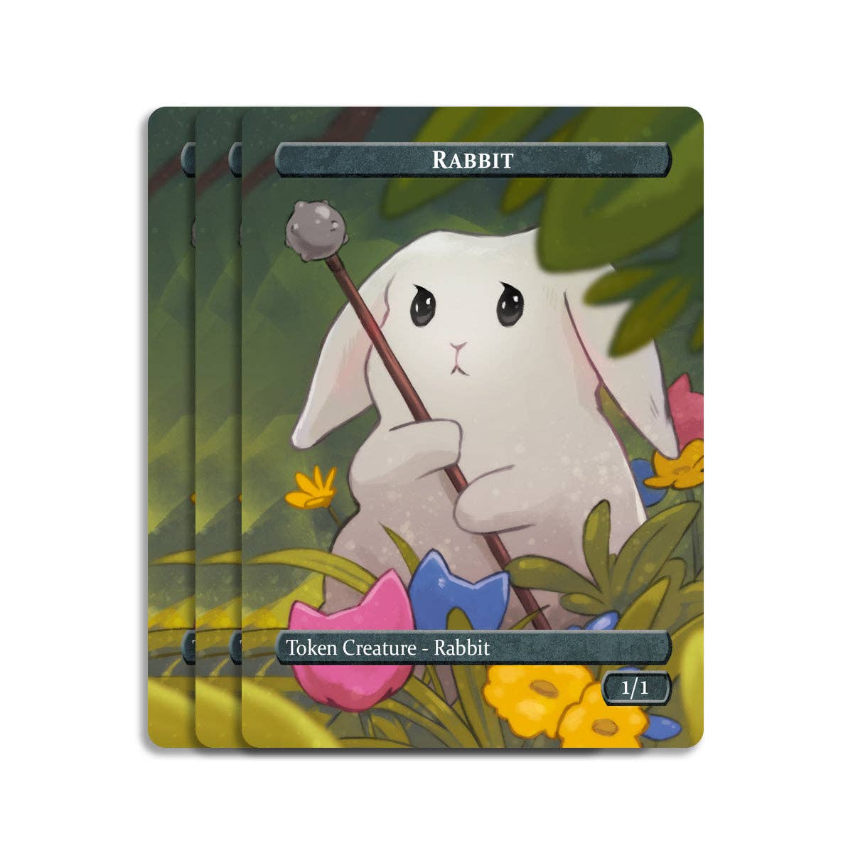 White cartoon rabbit with flowers and foliage, used for Rabbit tokens in the Rabbit & 2/2 Cat Token Set.