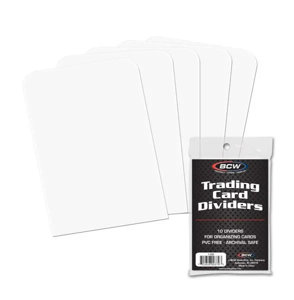 BCW Trading Card Dividers, 10 count, white with write-on tabs in original packaging.