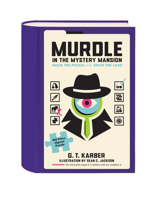 Murdle in the Mystery Mansion 500-piece puzzle with detective, puzzle piece, purple spine, and mystery theme.