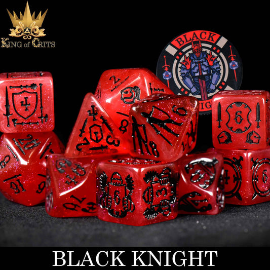 The Black Knight 11-piece dice set in red and black, designed for DnD, labeled BLACK KNIGHT.