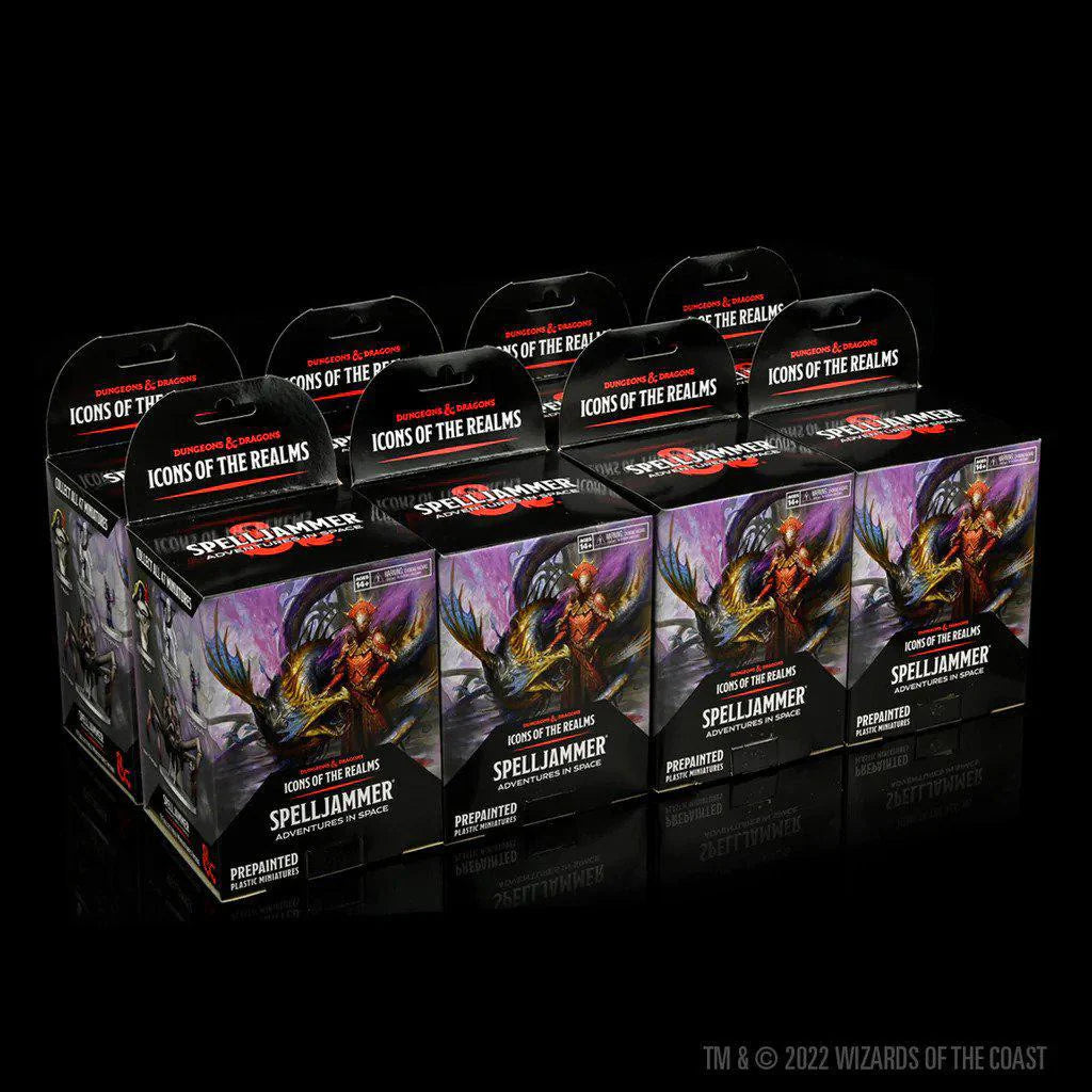 Six D&D Icons of the Realms Set 24 Spelljammer Adventures in Space Boosters in two rows on a black background.