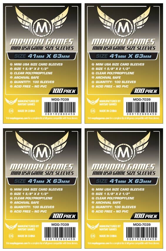 Mini USA Game Size Sleeves, 41 x 63 mm, yellow, 100 sleeves per pack, set of four packs.