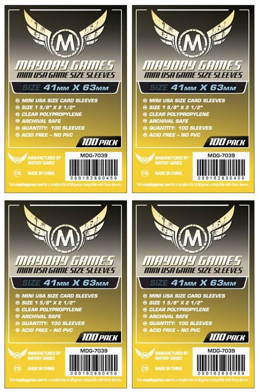 Mini USA Game Size Sleeves, 41 x 63 mm, yellow, 100 sleeves per pack, set of four packs.