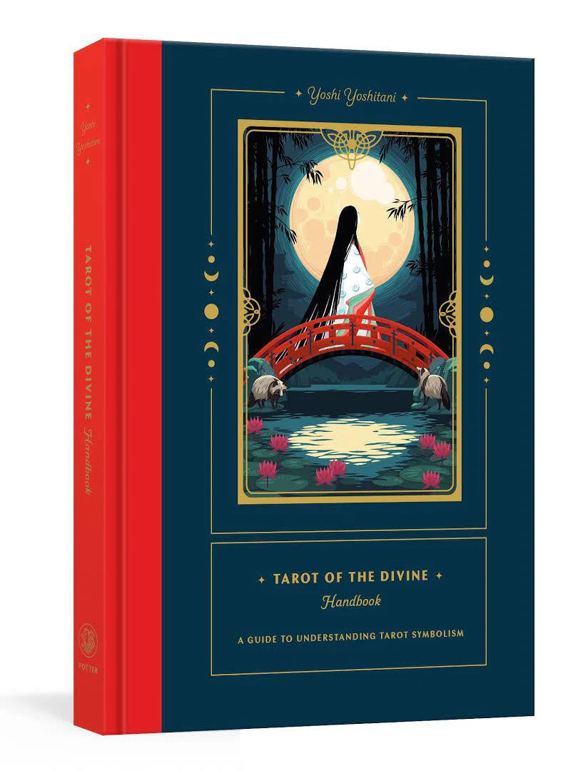 Tarot of the Divine Handbook cover with a woman on a red bridge, full moon, and tarot symbolism.