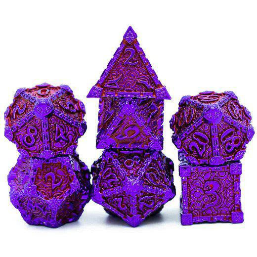 Daggers of Venom: Mauveine RPG Metal Dice Set with seven purple dice featuring red patterns.