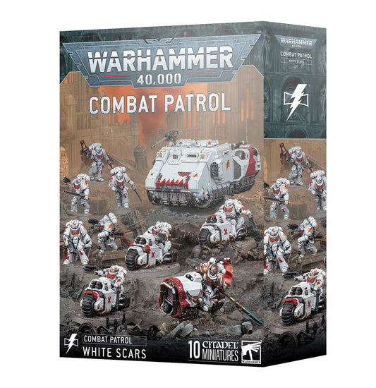 Warhammer 40,000 Combat Patrol: White Scars box with painted miniatures, bikes, and armored vehicle shown.