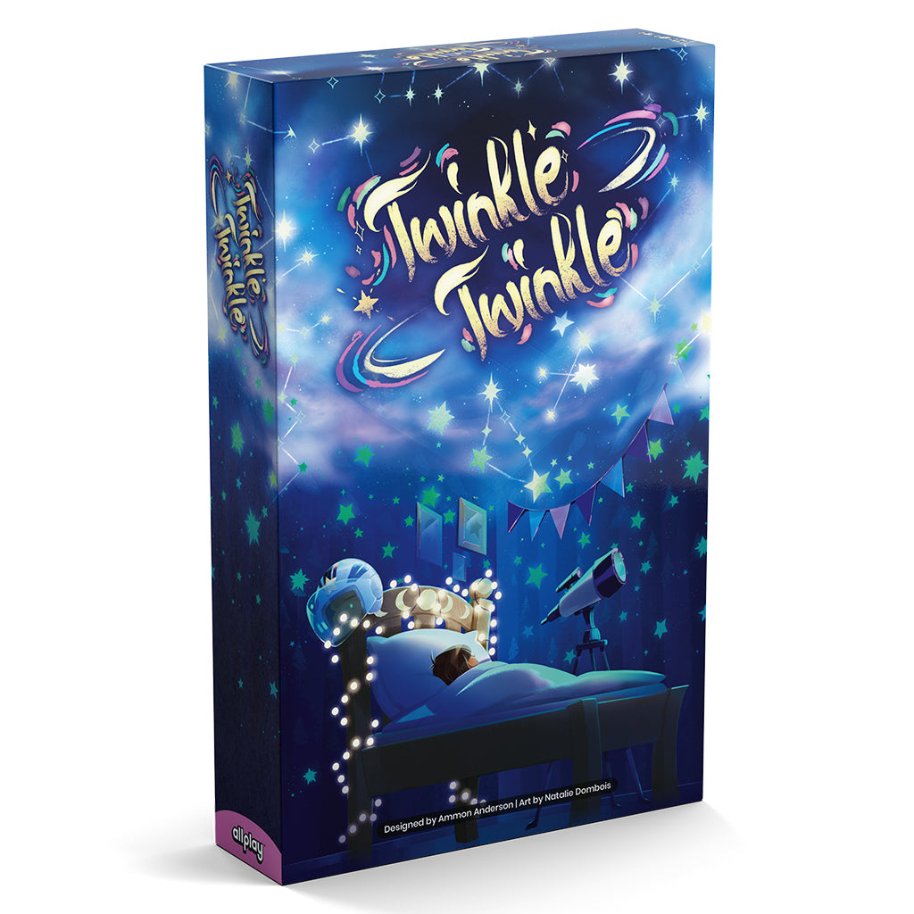 Twinkle Twinkle box with illustration of a child in bed, starry sky, telescope, and star chart tiles.