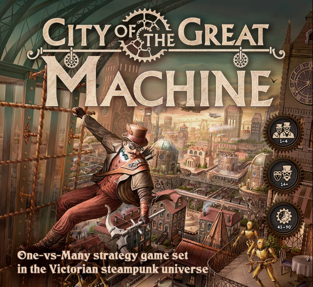 City of the Great Machine strategy board game featuring a masked figure swinging over a Victorian city.