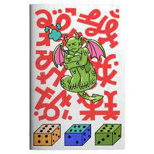 Adventure Game in Need of Translation with green dragon and pink wings hovering over dice.