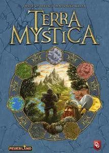 Terra Mystica board game with fantasy landscape, colorful tokens, and terraforming gameplay components shown.