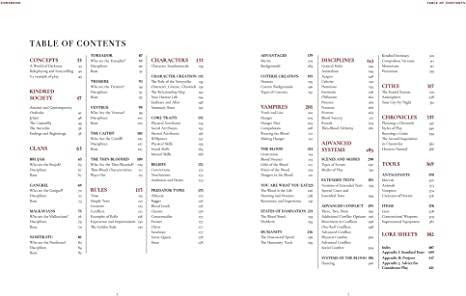 Vampire The Masquerade 5th Edition Core Rulebook table of contents showing sections and page numbers in columns.