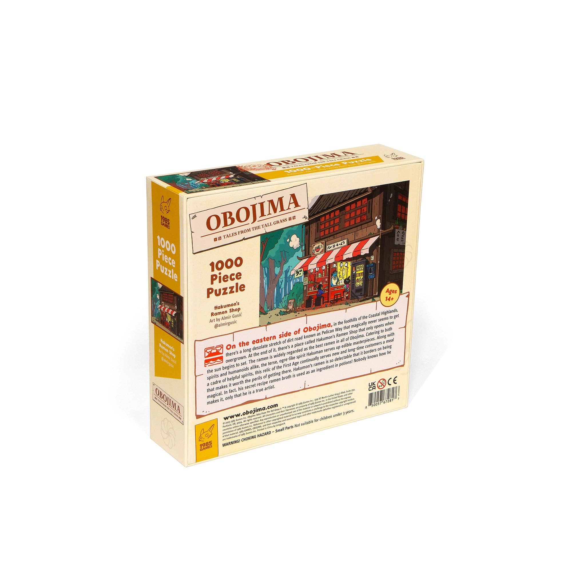 Back of Obojima Hakumons Ramen Shop 1000-piece puzzle box with product details and illustrated buildings.