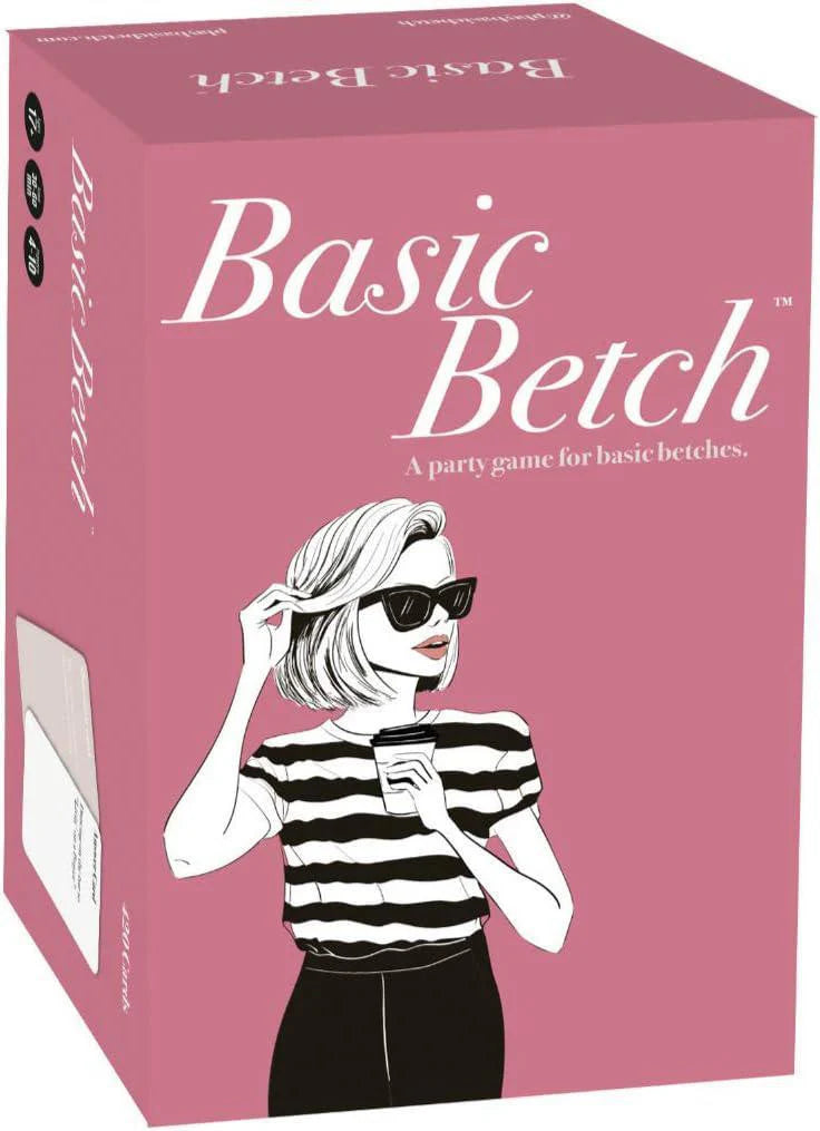 The Basic Betch Base Game pink box party game for girls night. Box features a woman in sunglasses and stripes.