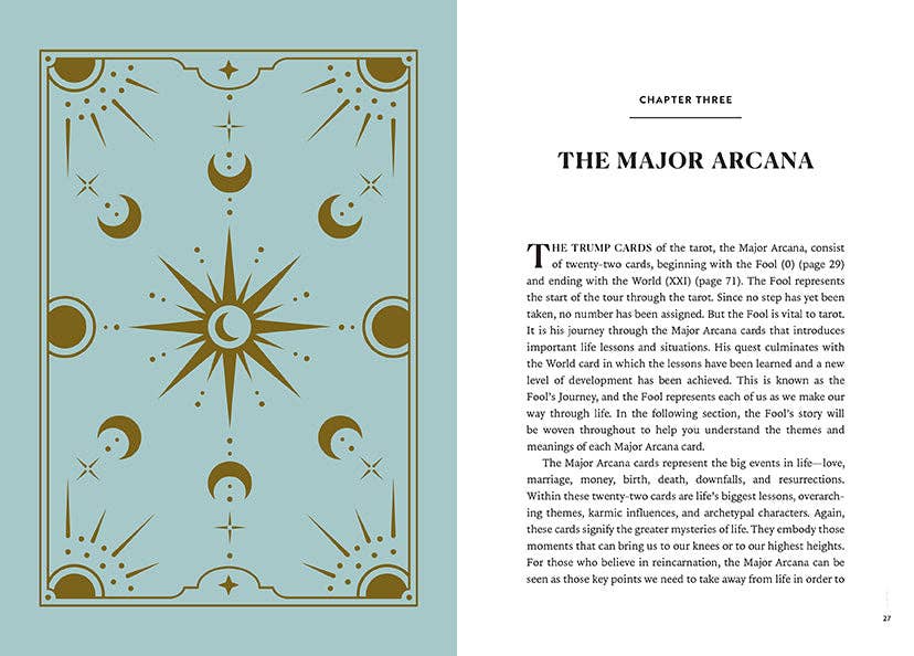 Reading Tarot: Find Your Inner Fortune Teller book open to Major Arcana text with sun and moon mystical illustrations.