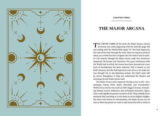 Reading Tarot: Find Your Inner Fortune Teller book open to Major Arcana text with sun and moon mystical illustrations.
