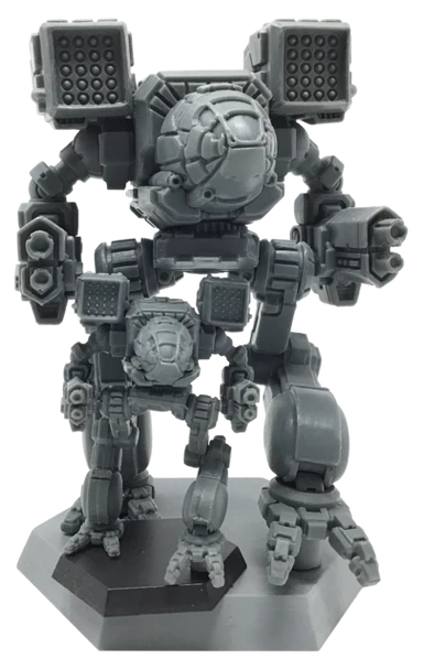 Two gray Battletech 100mm Timberwolf miniatures with large weapons on hexagonal bases.