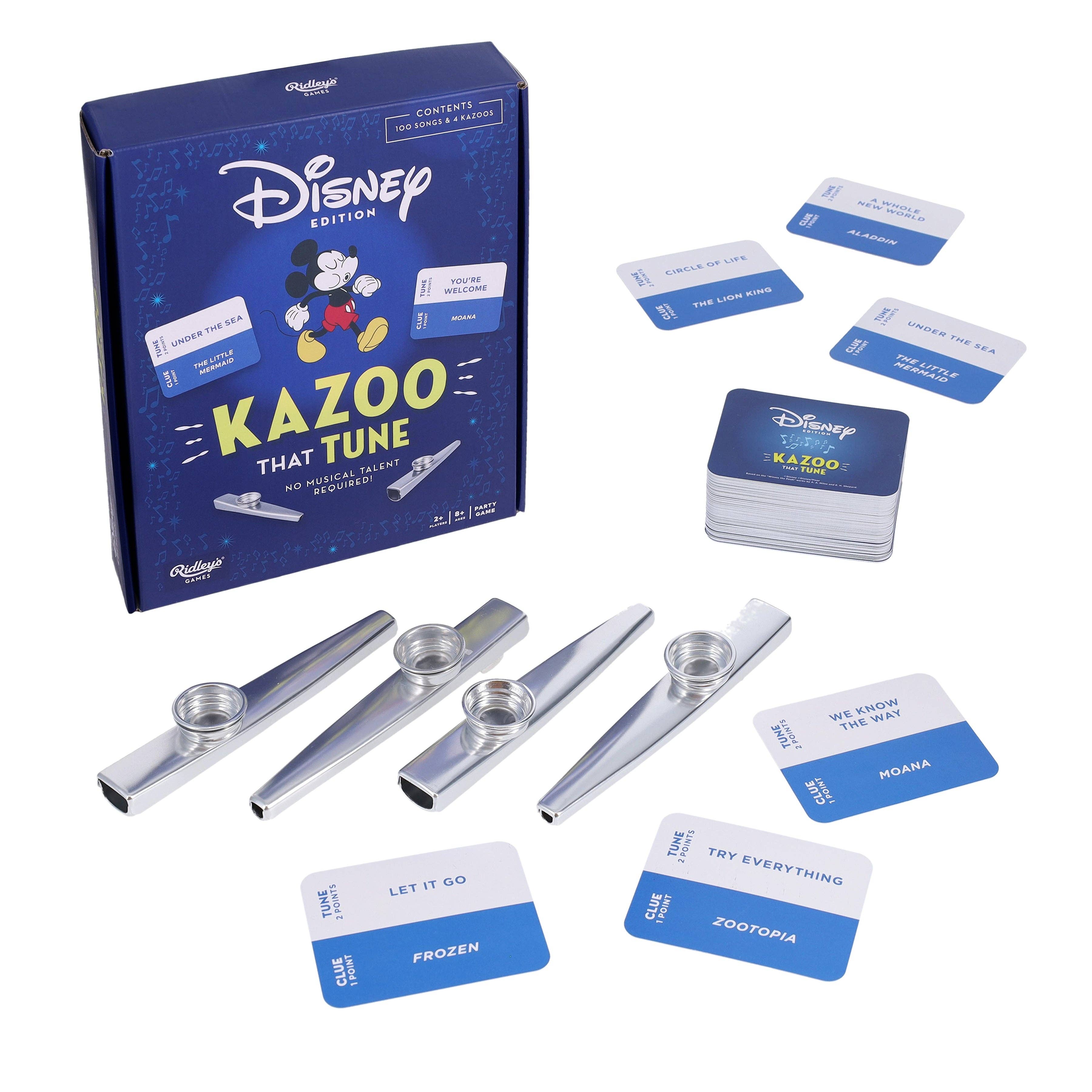 Disney Kazoo That Tune game with cards, four silver kazoos, and a blue storage box.