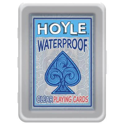 Hoyle Clear Waterproof playing cards in a plastic case with a large blue spade on the front.