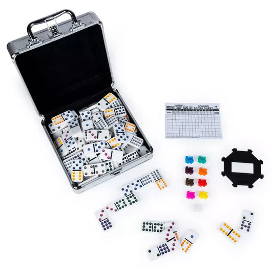 Mexican Train Dominoes set in open metal case with score sheet, markers, and holder.