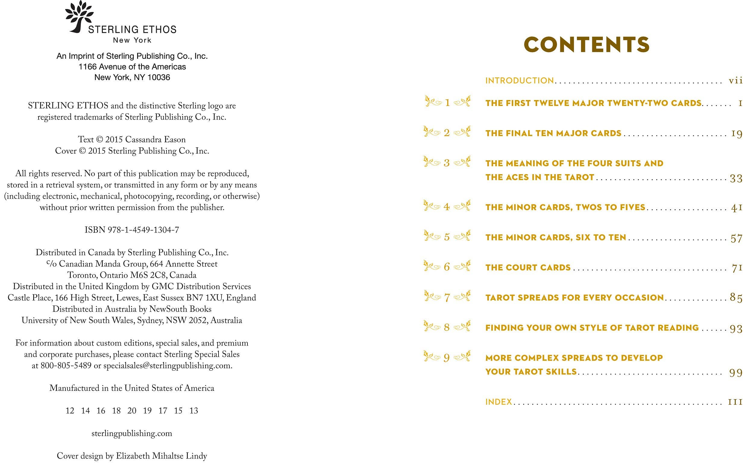 A Little Bit of Tarot by Cassandra Eason contents page with beginner tips, readings, black and gold text, publisher at left.