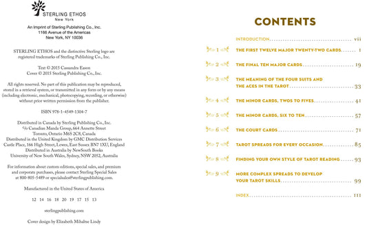 A Little Bit of Tarot by Cassandra Eason contents page with beginner tips, readings, black and gold text, publisher at left.