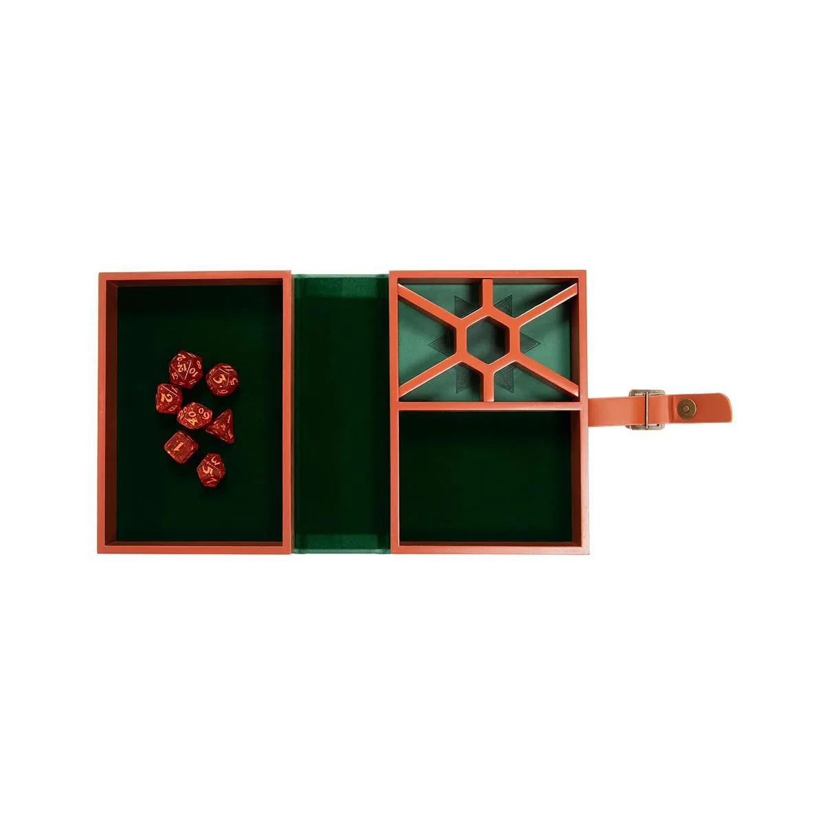 Open orange and green Critical Role Dice Tome Rolling Tray with red dice and accessory compartments inside.