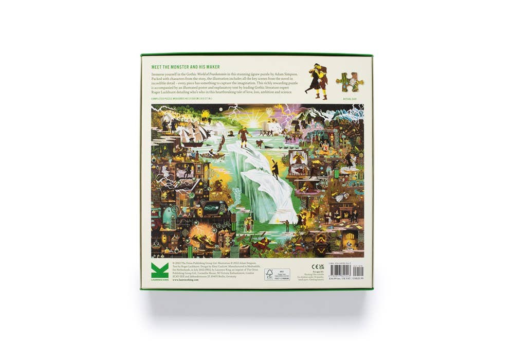 Back of The World of Frankenstein 1000 Piece Puzzle box and scattered jigsaw pieces.