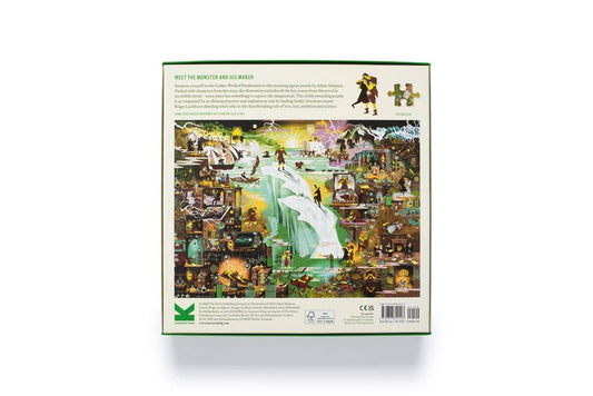 Back of The World of Frankenstein 1000 Piece Puzzle box and scattered jigsaw pieces.