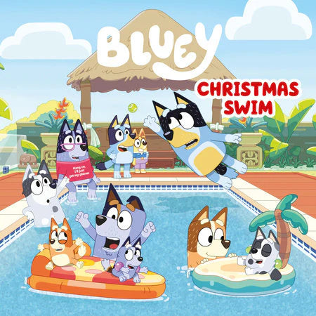 Bluey: Christmas Swim featuring the family swimming with decorations and Bartlebee under palm trees.