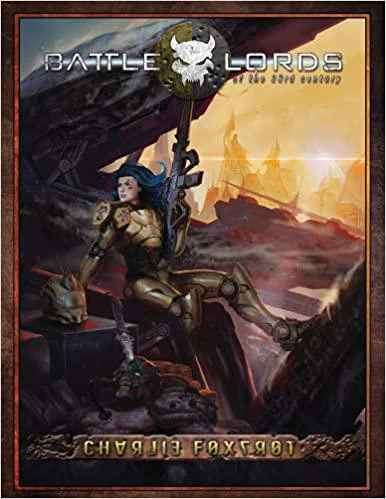 Woman in gold armor with rifle, seated among ruins at sunset; Battlelords of the 23rd Century: Charlie Foxtrot inspired.