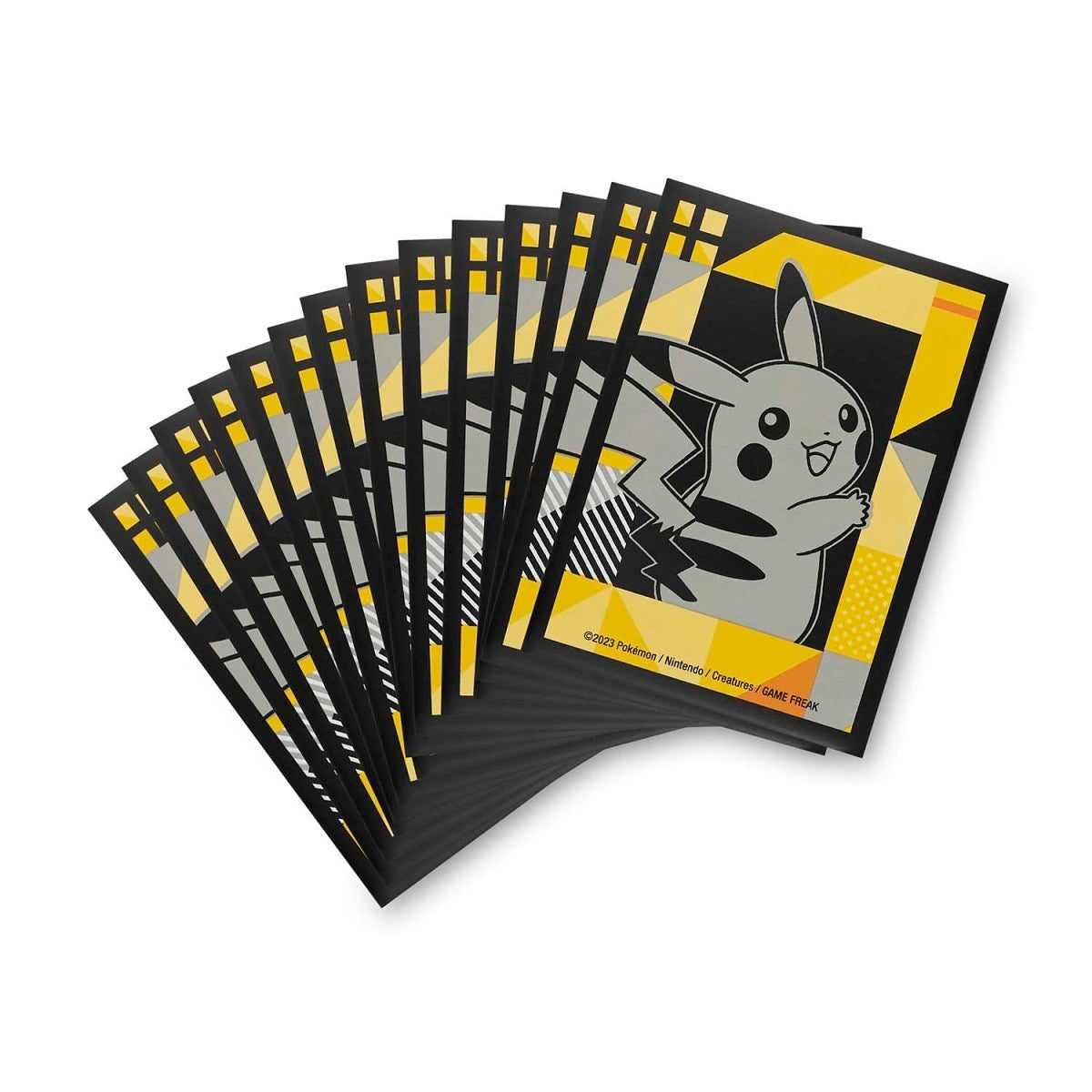 Sixty-five Pikachu Power Grid Card Sleeves with a black, yellow, and gray geometric design.