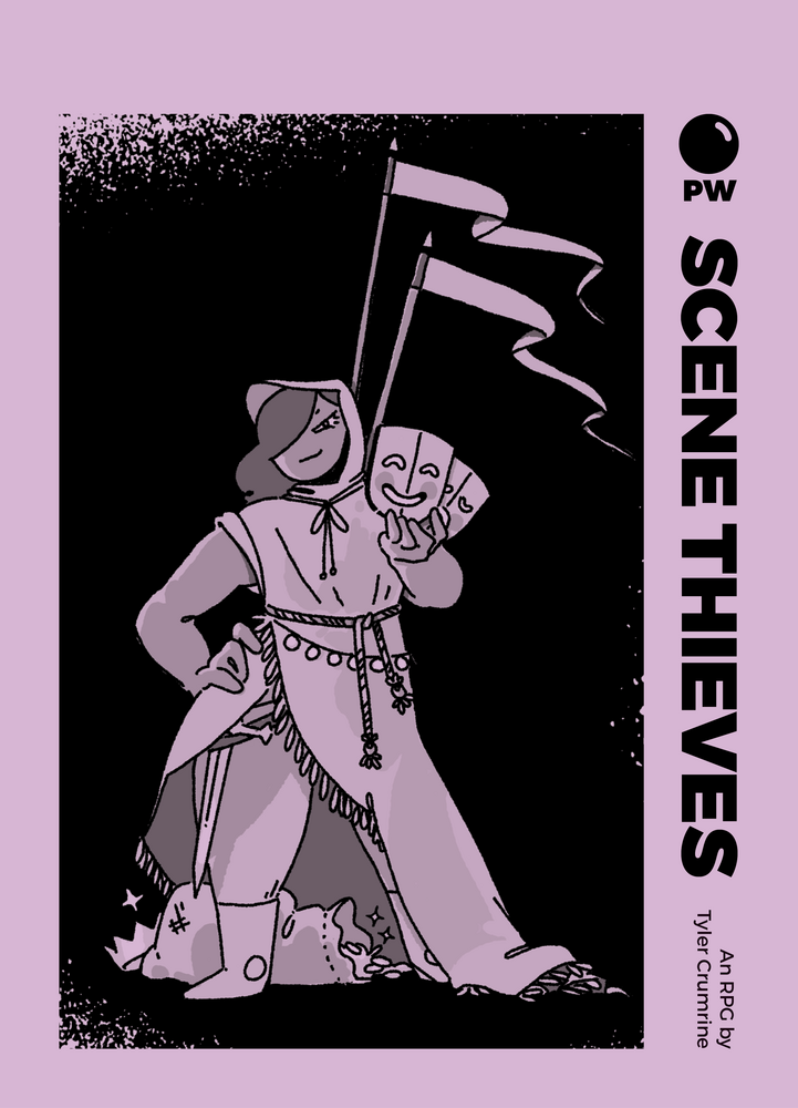 Scene Thieves theatrical roleplaying game featuring a masked figure holding flags and theater masks on the cover.