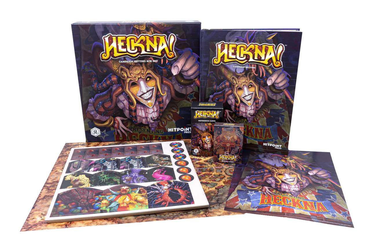 Heckna 5E Boxed Set including box, books, cards, tokens, and illustrated pieces displayed on a white surface.
