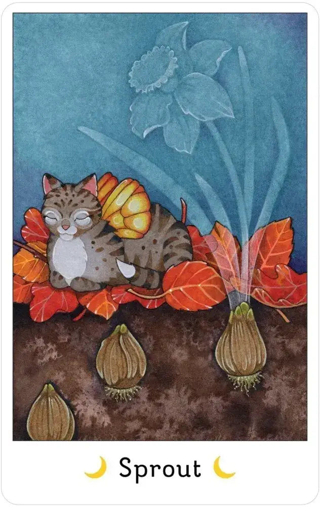 Fairy Cats Deck & Book Set featuring a fairy cat with butterfly wings, fall leaves, bulbs, and a daffodil.
