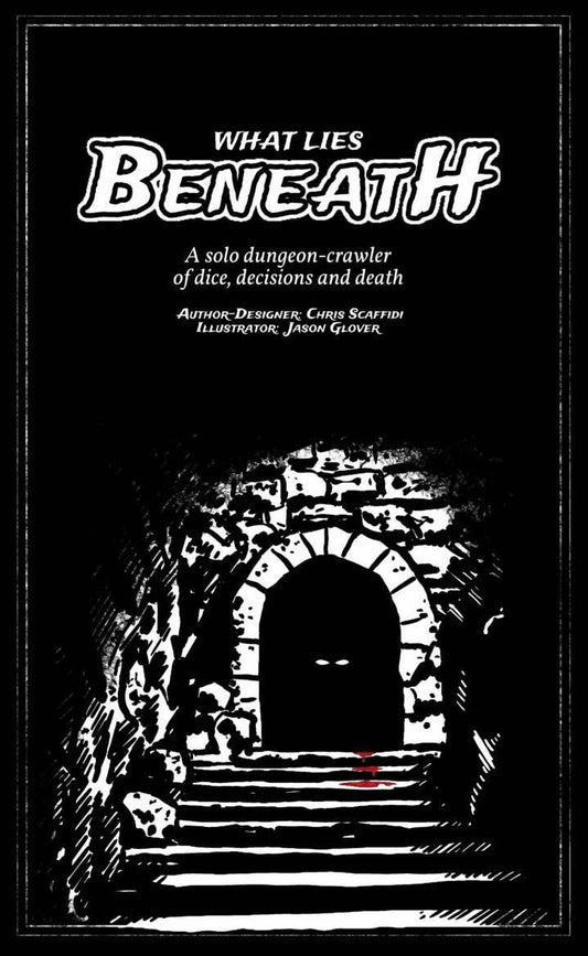 What Lies Beneath game cover featuring a black-and-white stone stairway leading to a dark doorway.