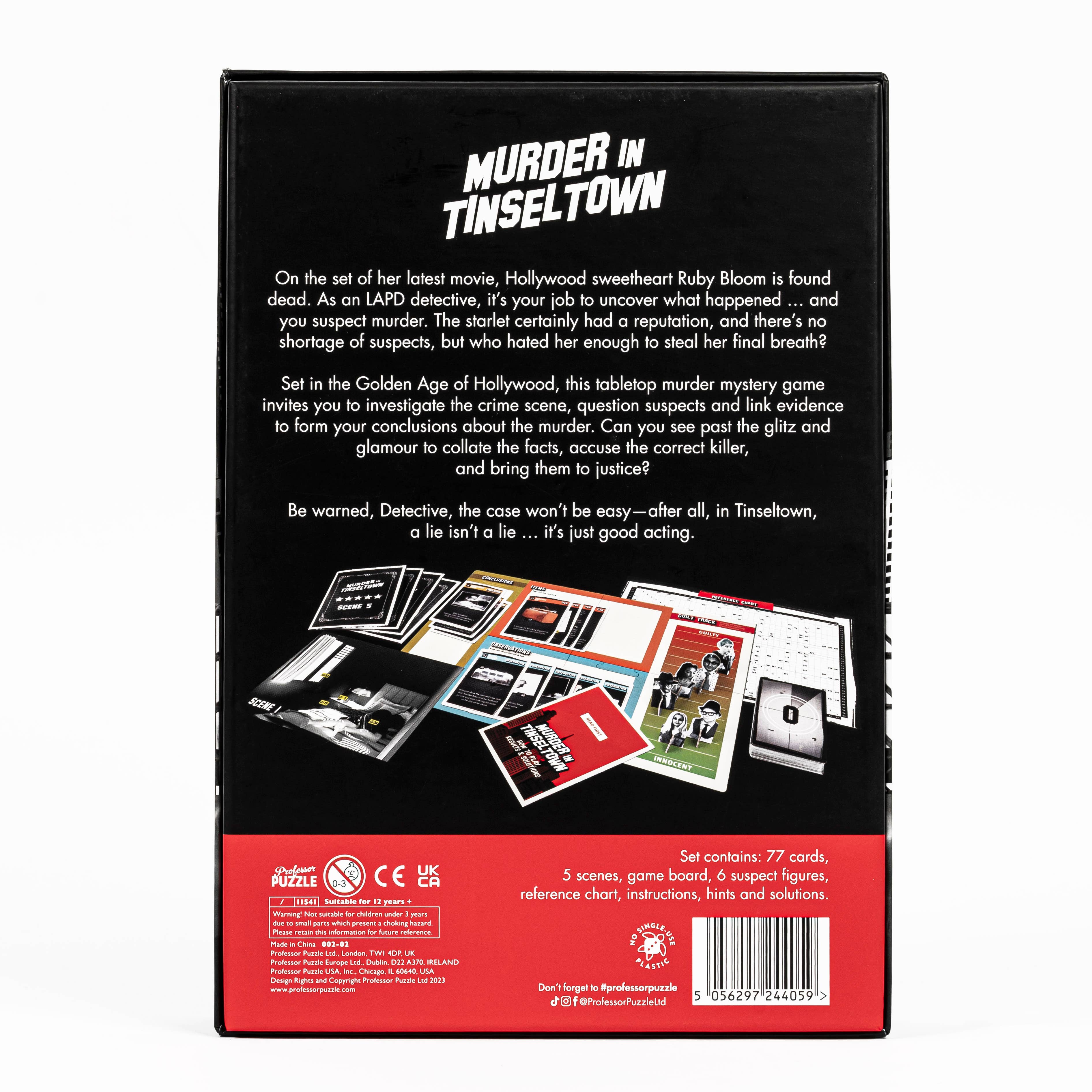Back of Murder in Tinseltown game box with included components displayed.