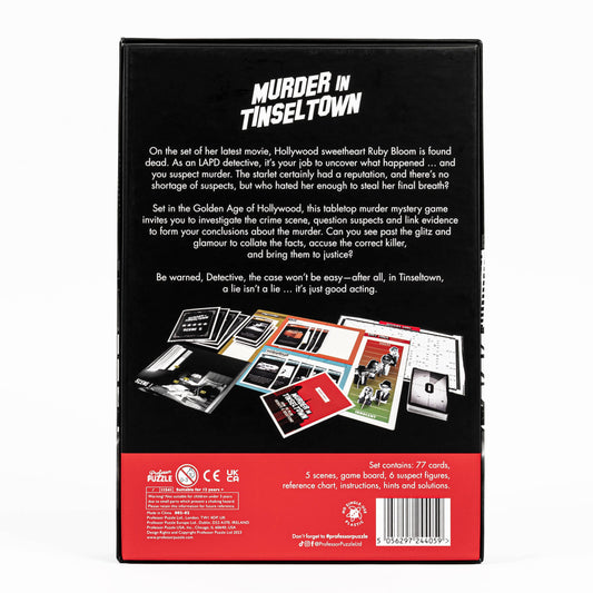 Back of Murder in Tinseltown game box with included components displayed.