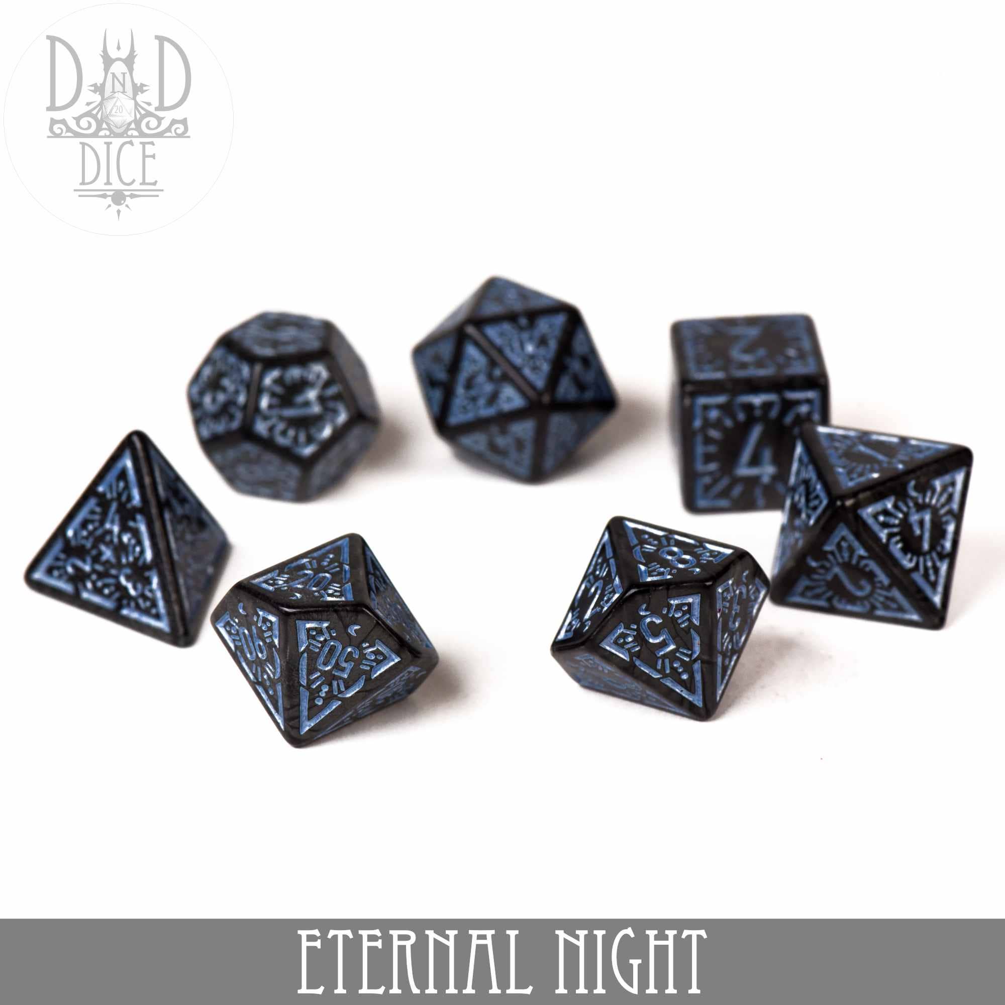 Eternal Night 7-dice set with black acrylic polyhedral dice and blue engraved patterns.