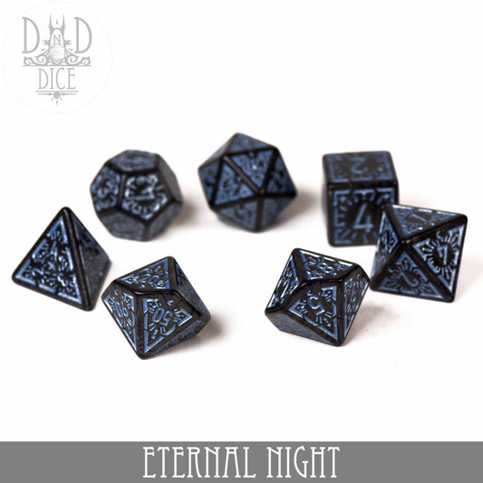 Eternal Night 7-dice set with black acrylic polyhedral dice and blue engraved patterns.