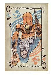 Cartomancy playing card RPG featuring a bearded man in a blue hood and an orange-clad gunman, mirrored vertically.